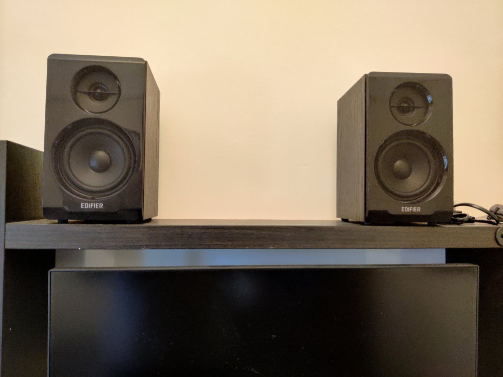 Edifier R33BT speakers on shelf