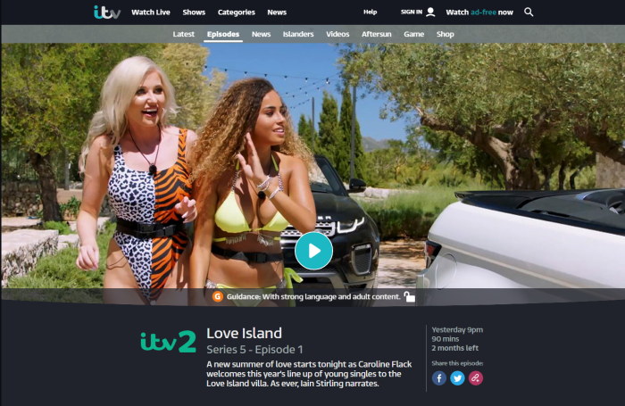 ITV Hub with Love Island