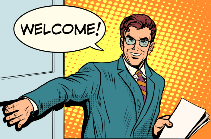 businessman welcomes new customer