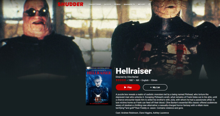 Hellraiser movie on Shudder streaming service