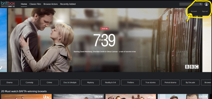 BritBox UK getting to account screen