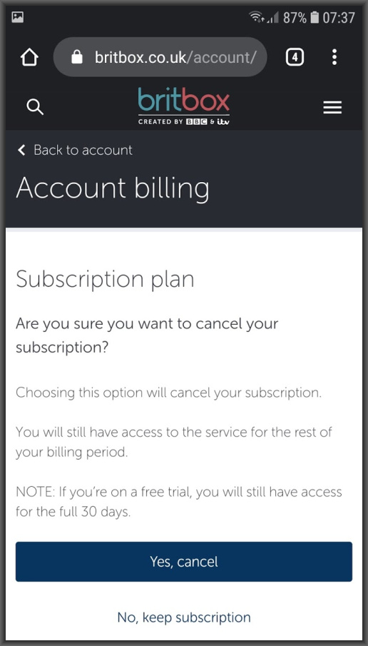 BritBox mobile cancellation screen