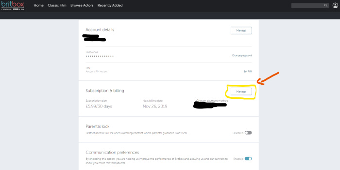 How to cancel britbox uk - account details