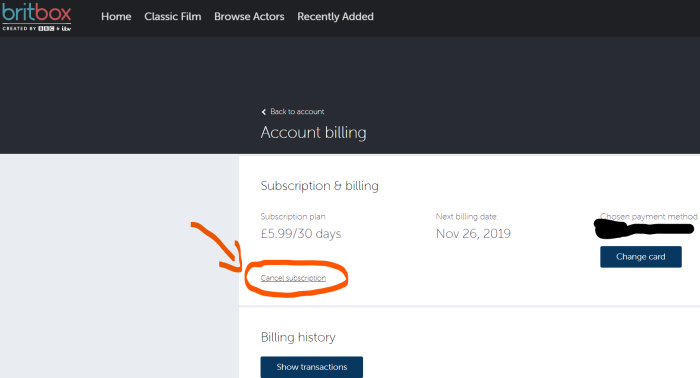How to cancel britbox uk - billing screen