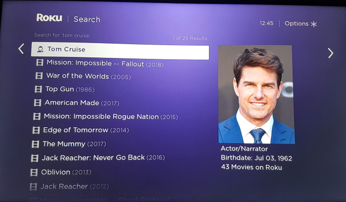 Roku streaming stick plus global search tom cruise