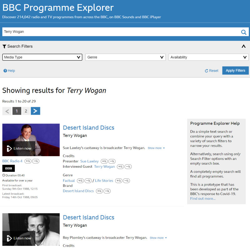 BBC Programme Explorer search