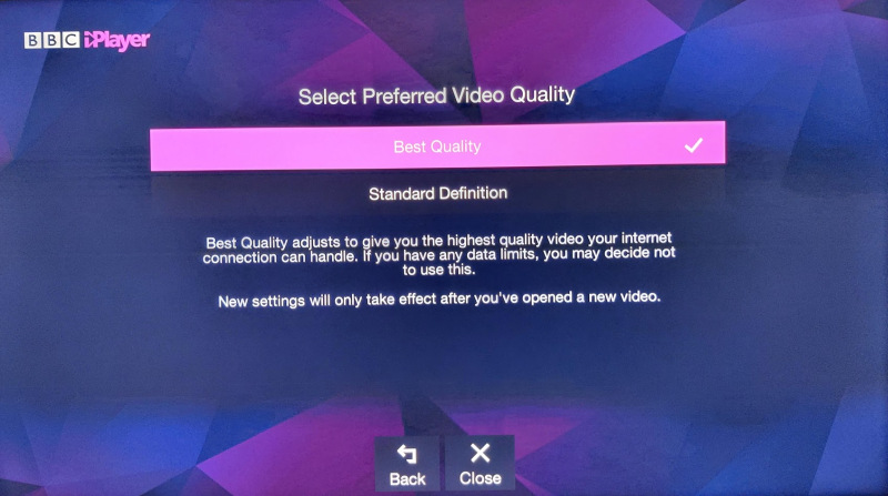 BBC iPlayer video quality selection
