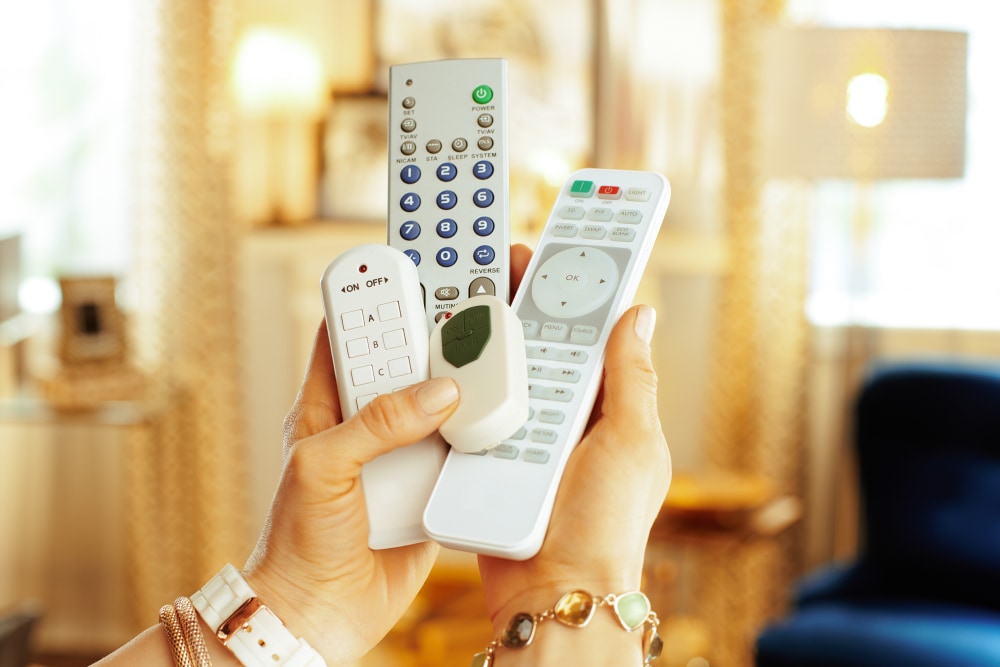 remote controls in hand