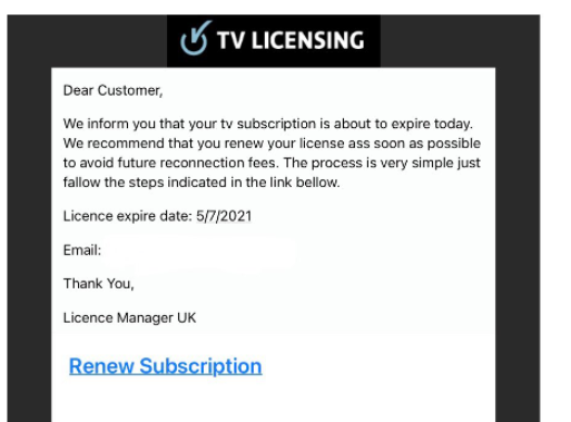 TV Licensing scam email