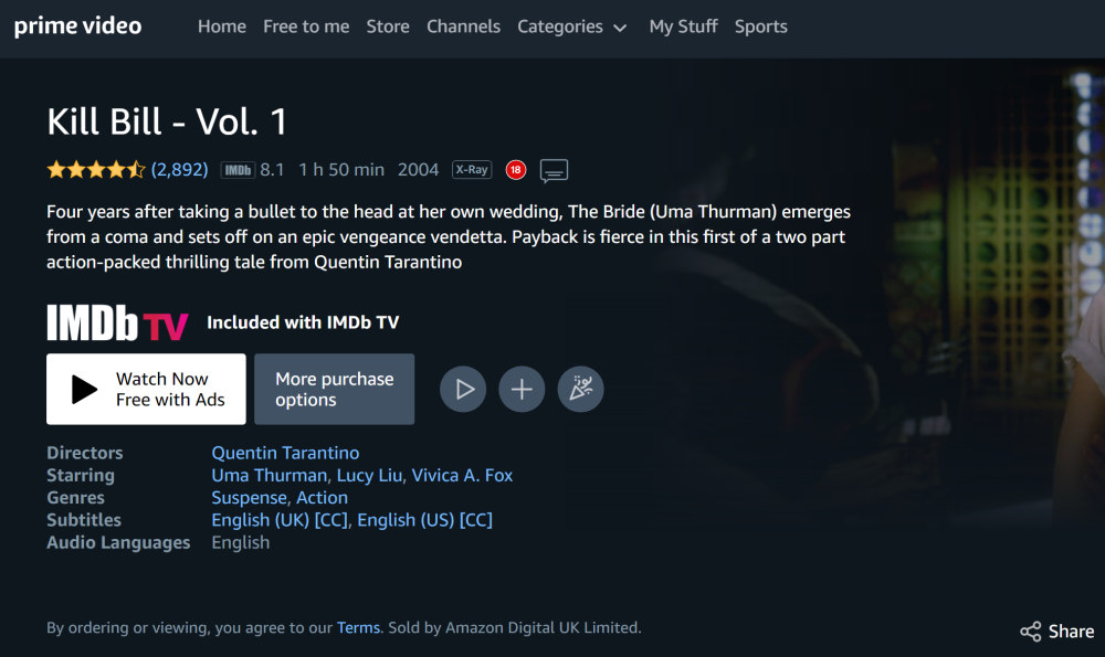 Kill Bill IMDb TV prime video