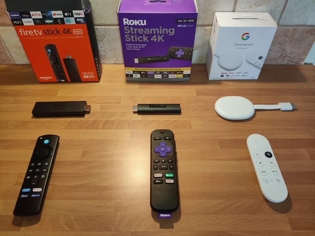 Fire TV 4K Max VS Roku Stick 4K VS Chromecast with Google TV boxes and remotes