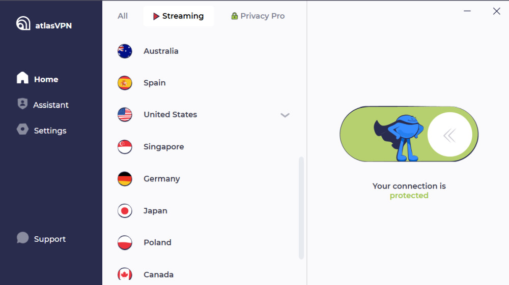 AtlasVPN Windows App streaming countries