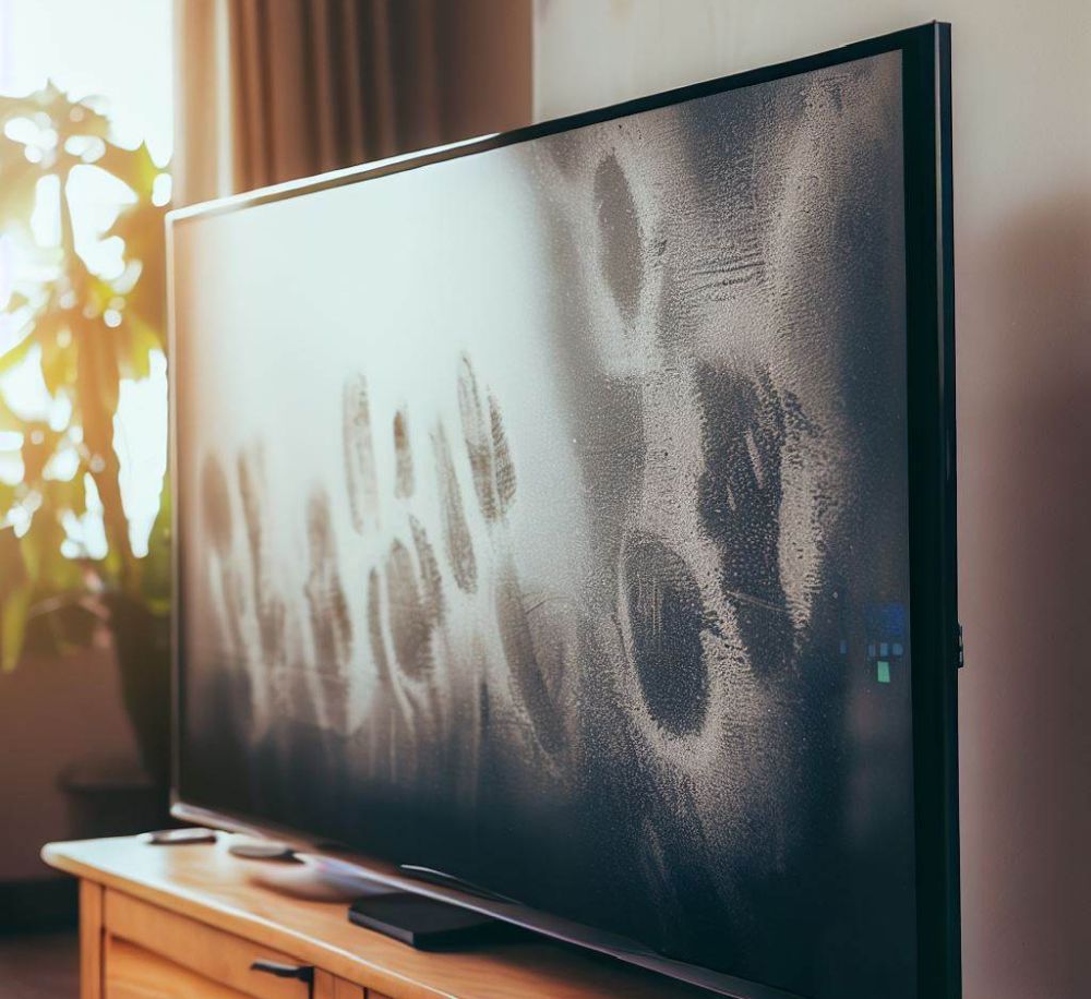 A dirty tv with fingerprints and stains