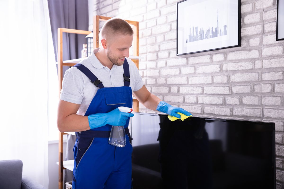 Man cleaning a TV