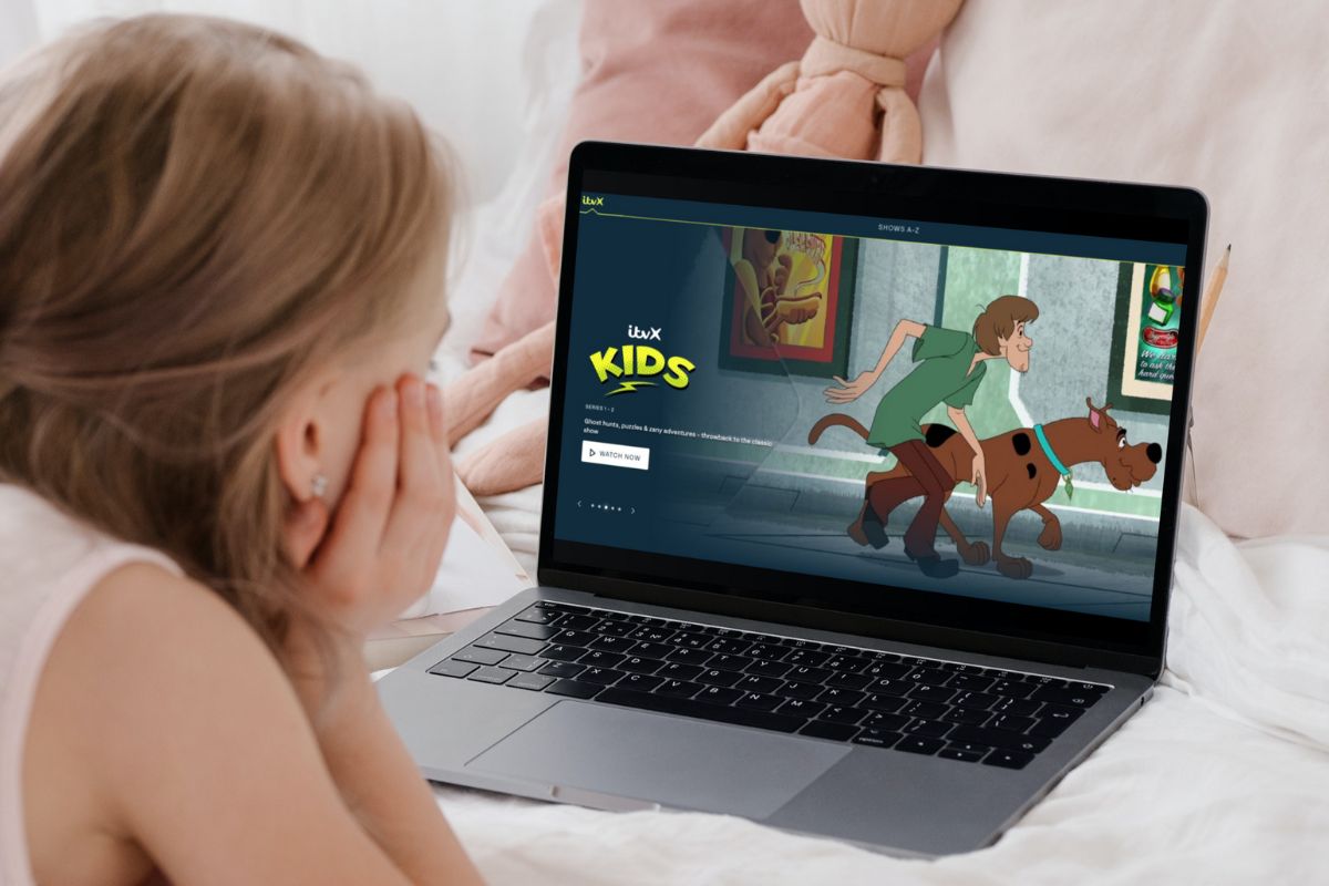 Child watching ITVX Kids on laptop mockup