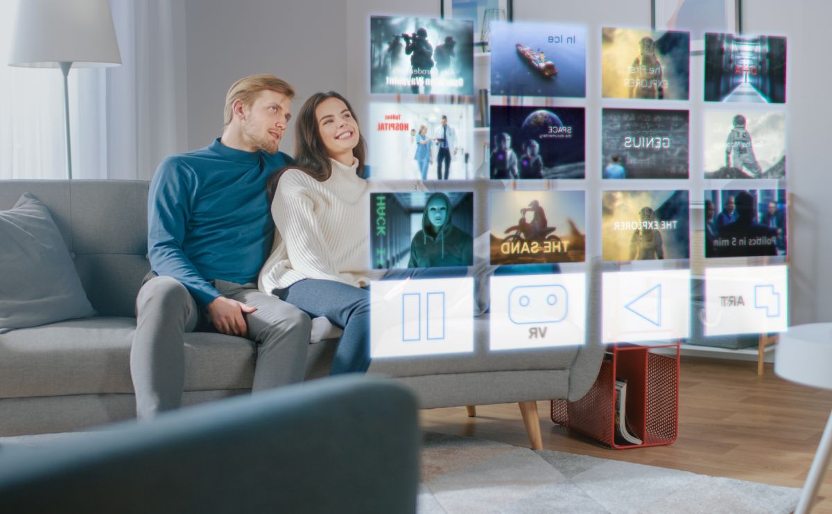 Couple watching TV futuristic streaming