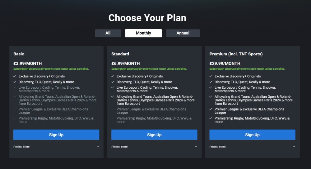 Discovery Plus tiers with TNT Sports Premium