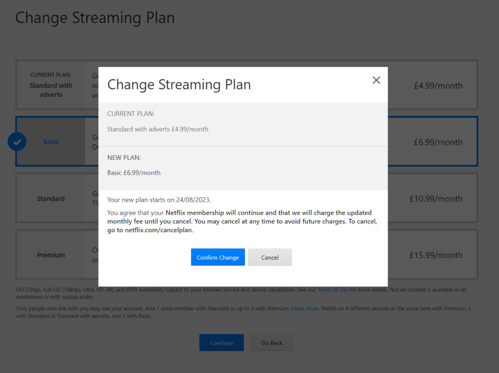 Netflix Change Streaming Plan confirmation