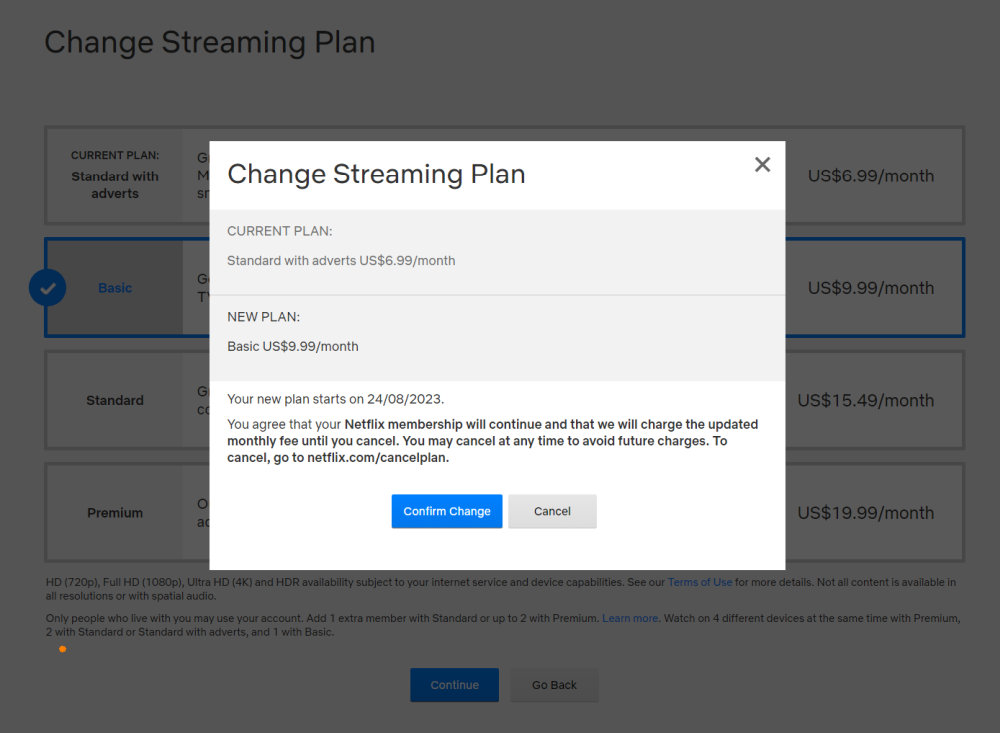 Netflix US Change plan to basic confirmation