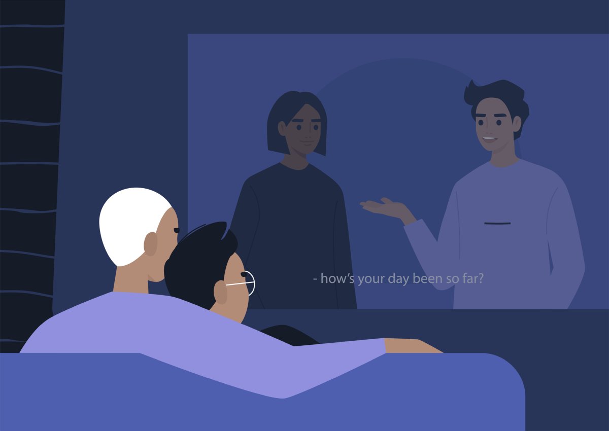 Couple watching TV with subtitles illustration