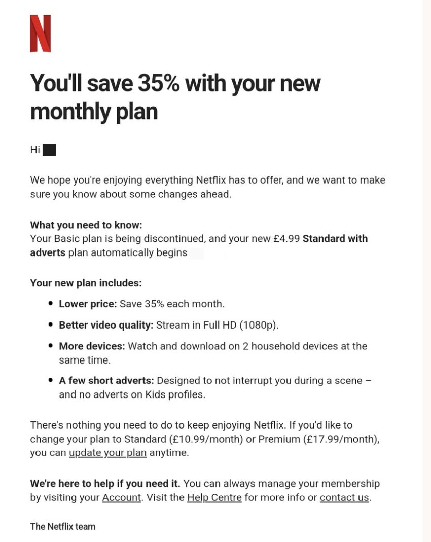 Netflix basic cancelled email redacted