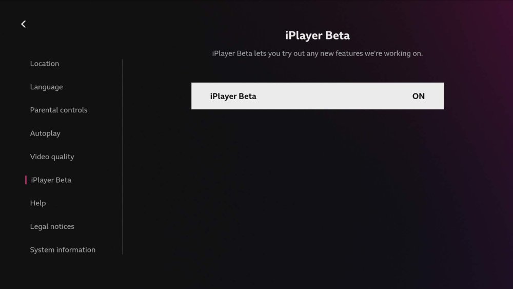 BBC iPlayer beta settings