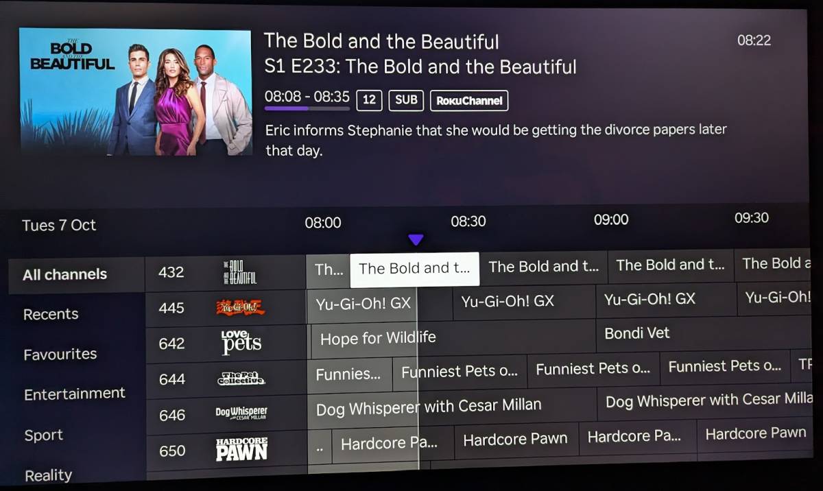 Roku Live TV guide bold and the beautiful