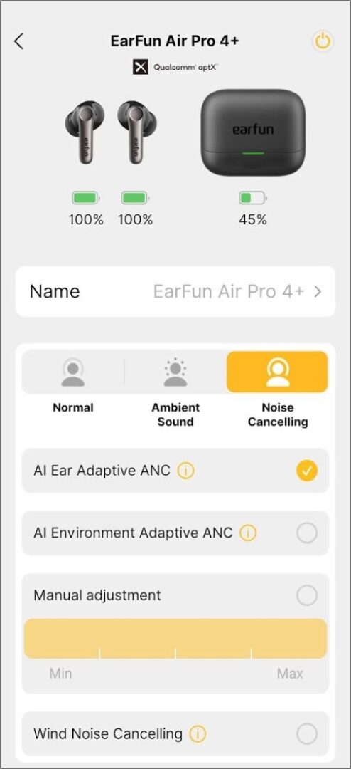 Earfun Air Pro 4+ app ANC modes